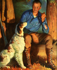 Hunter smoking pipe by campfire with hunting dog