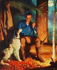 Hunter smoking pipe by campfire with hunting dog
