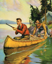 hunters in canoe, dog, moose antlers