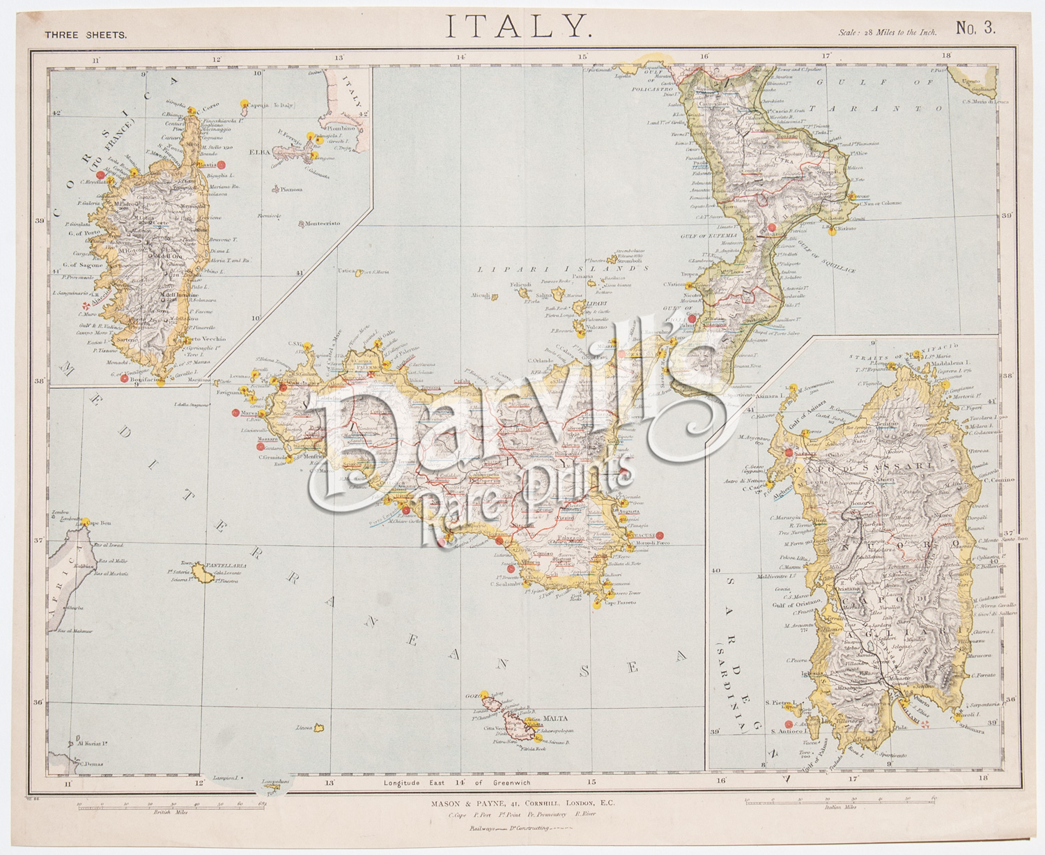 antique map of south Italy Sicily Corsica Sardinia 1887