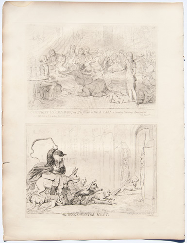 original James Gillray etchings Questions & Commands; or, The Mistaken Road to Heresford; a Sunday Evening's Amusement

The Westminster Hunt 