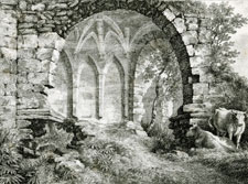 Hewitt etching of cows resting in church ruins