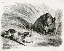 Howitt etching of dog and wild boar fight