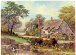 Vintage cottage, cabin, and mill scenes 1910s-1940s