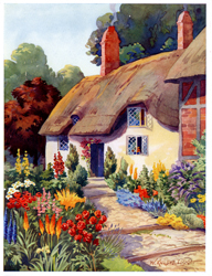 Vintage calendar prints of cottages, cabins, mills, etc.