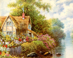 Vintage calendar prints of cottages, cabins, mills, etc.