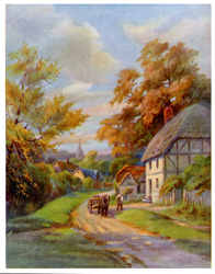 Vintage calendar prints of cottages, cabins, mills, etc.