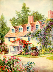 Vintage calendar prints of cottages, cabins, mills, etc.