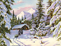 Vintage calendar prints of cottages, cabins, mills, etc.