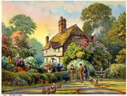 Vintage calendar prints of cottages, cabins, mills, etc.