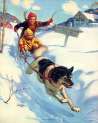 Vintage prints of boys, dog pulling sled