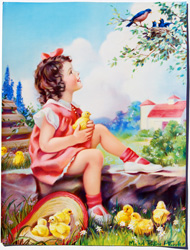 Vintage prints of girls, birds, pets, etc.