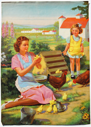 Vintage prints of girls, birds, pets, etc.