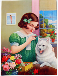 Vintage prints of girls, birds, pets, etc.