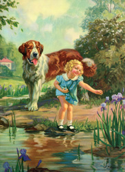 Vintage prints of girls, birds, pets, etc.