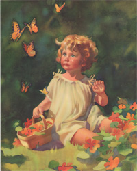 Vintage prints of girls, birds, pets, etc.